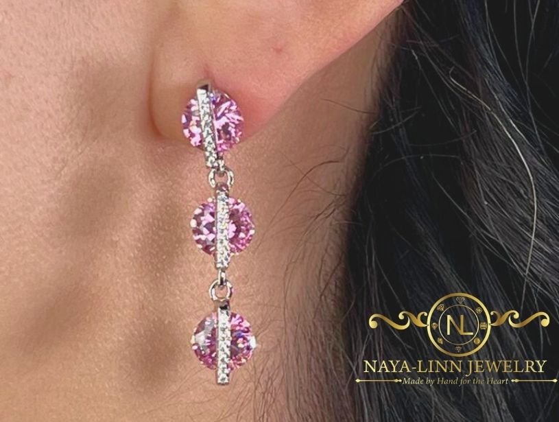 Donna Tri-Step Drop Earrings Sterling Silver Sakura Pink Stones