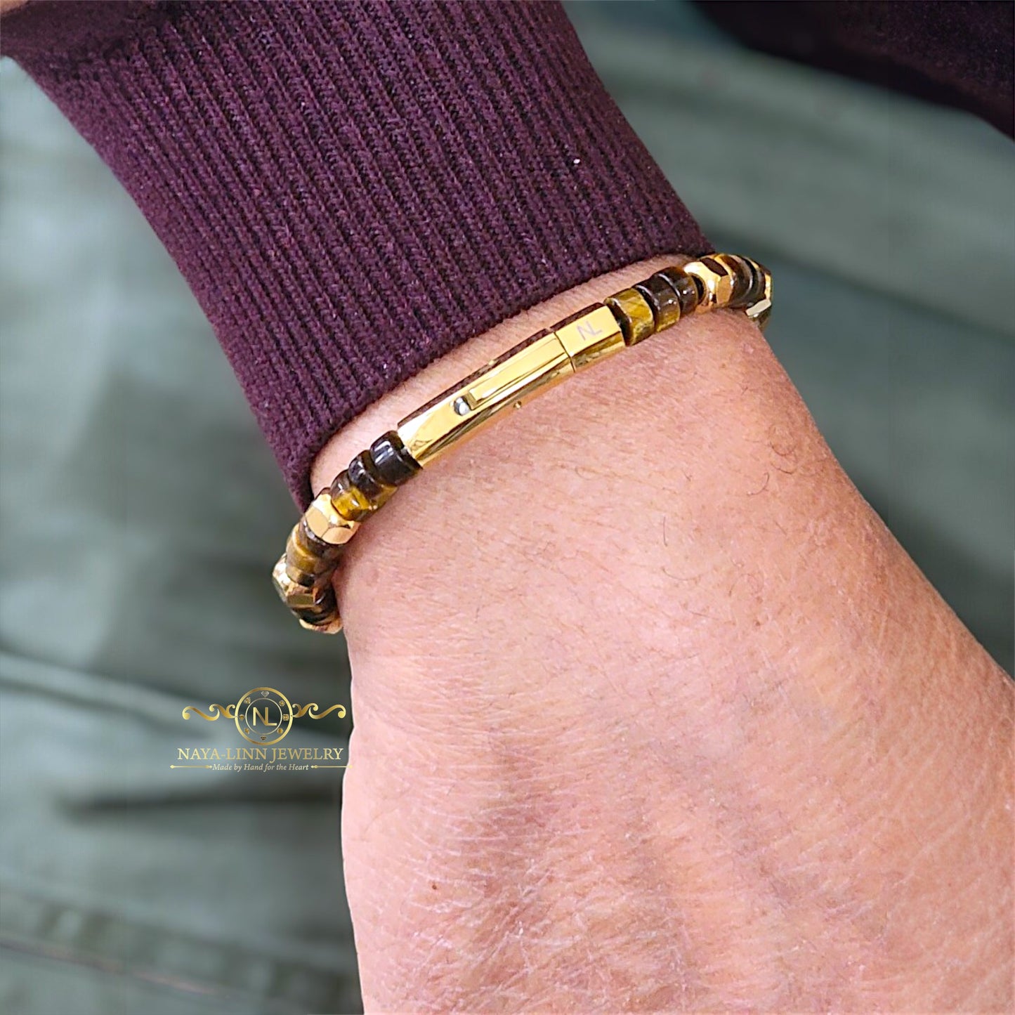 Achilles Men’s Tiger's Eye Bracelet - 18K Gold Plating with Curved Bayonet Clasp