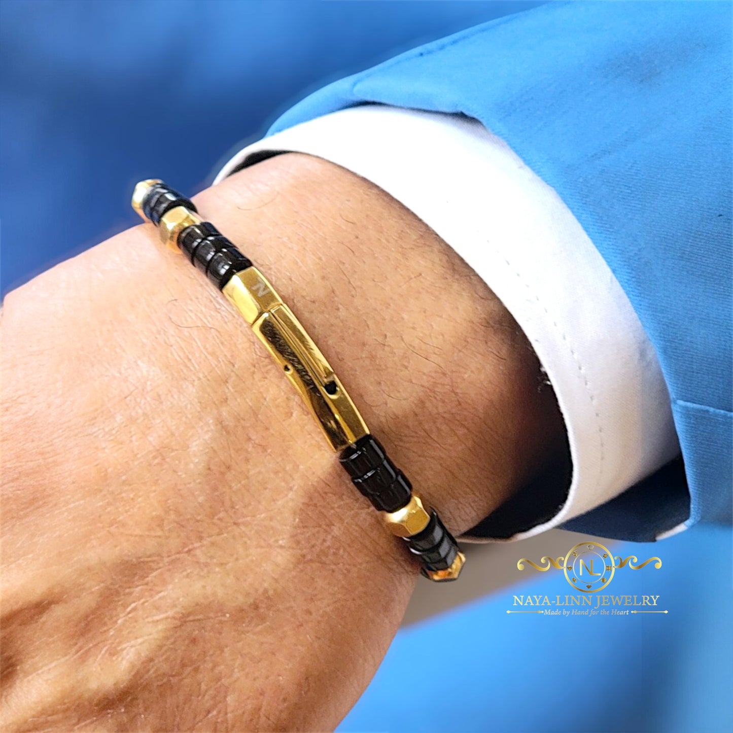 Achilles Men’s Black Agate/Gold Plated Bracelet with Curved Bayonet Clasp