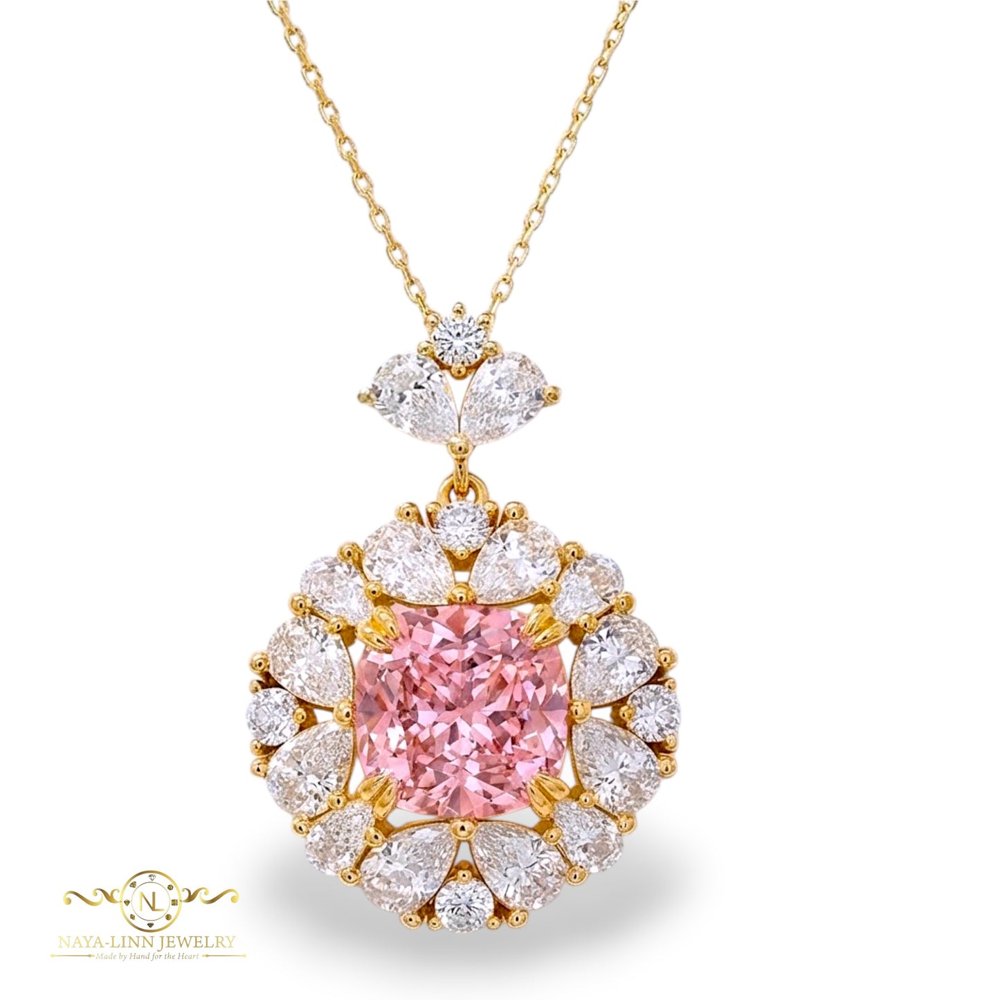Allison Necklace | Mixed Cuts | Cushion Center Cut | Surrounding Pear-Shaped Diamond Simulants | 18K Gold Vermeil Over 925 Sterling Silver