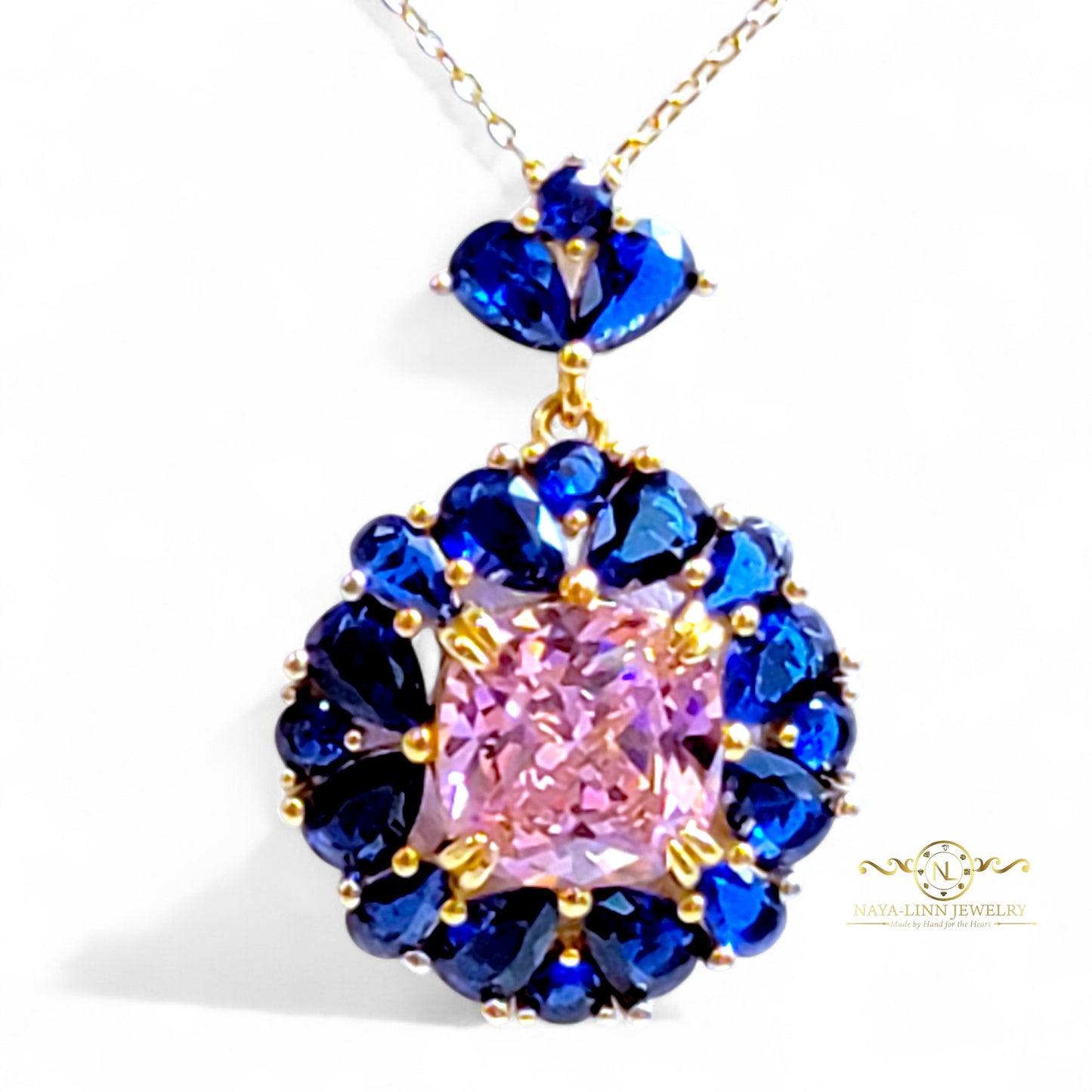 Allison Necklace | Mixed Cuts | Cushion Center Cut | Surrounding Pear-Shaped Diamond Simulants | 18K Gold Vermeil Over 925 Sterling Silver