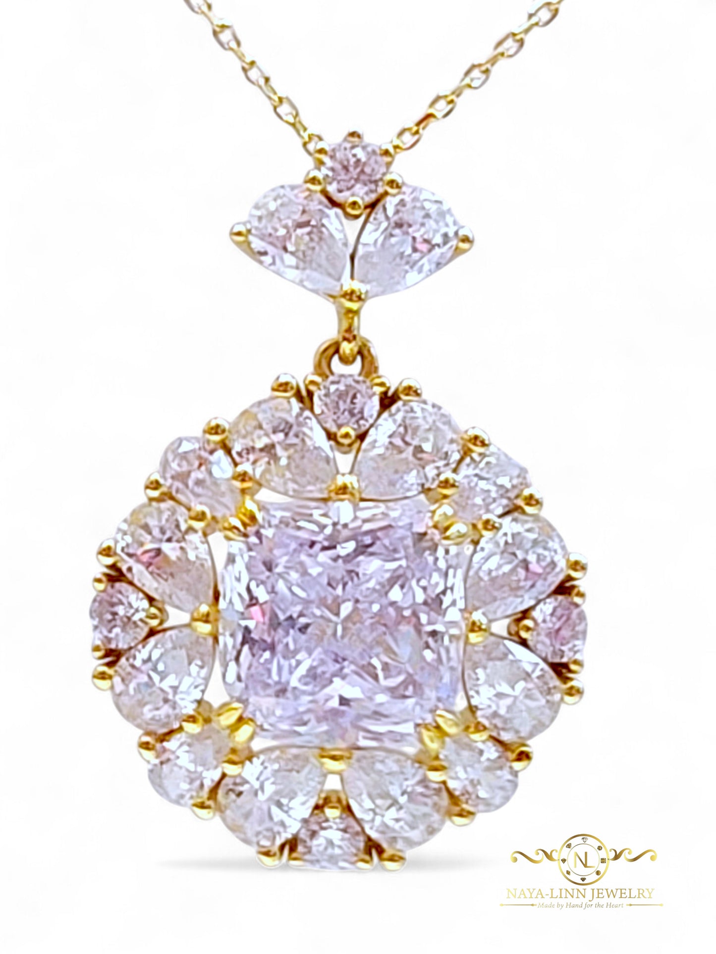 Allison Necklace | Mixed Cuts | Cushion Center Cut | Surrounding Pear-Shaped Diamond Simulants | 18K Gold Vermeil Over 925 Sterling Silver