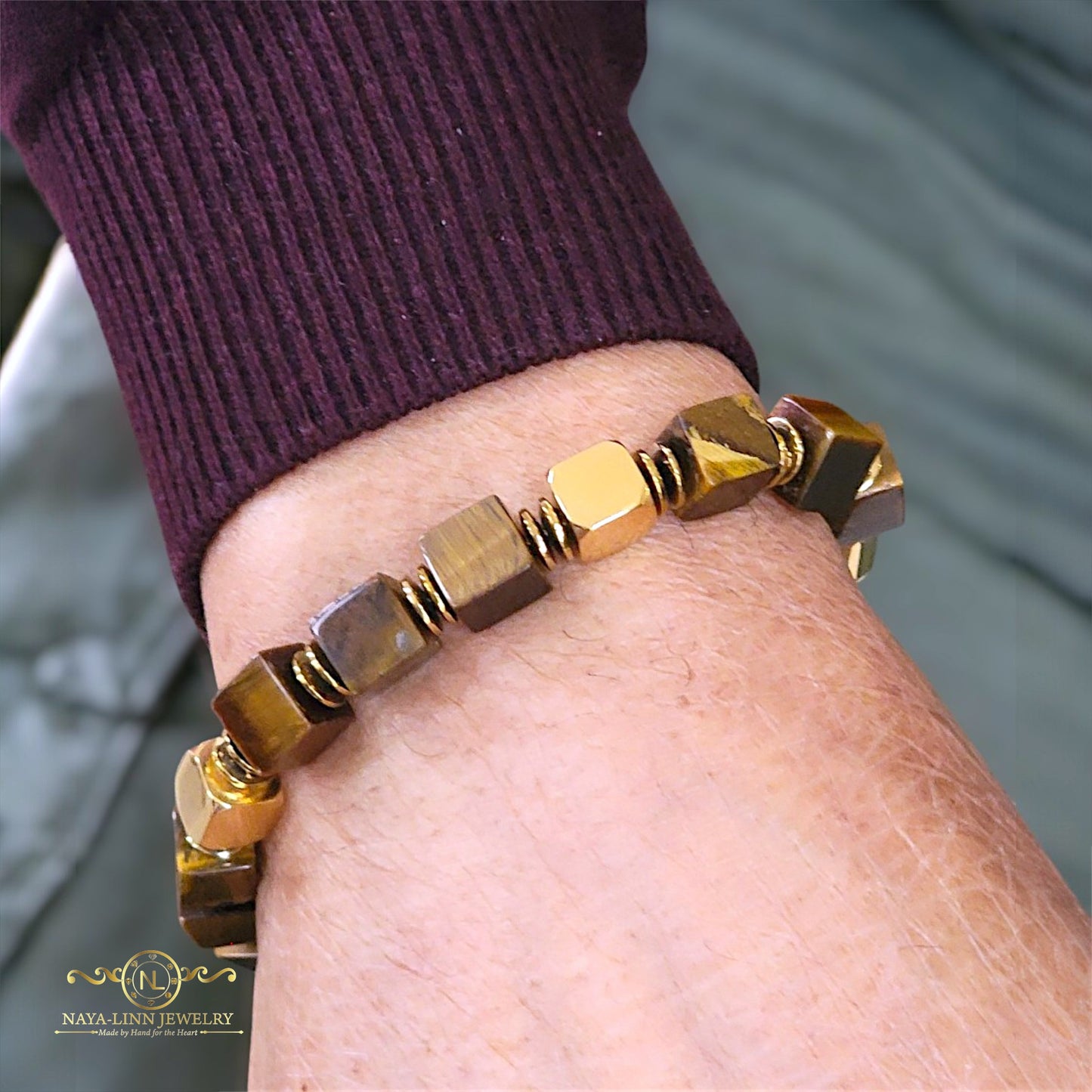 Caesar Men’s Bracelet – 8mm Square Tiger’s Eye or Black Agate Beads with 18k Gold Plated or Stainless Steel Accents