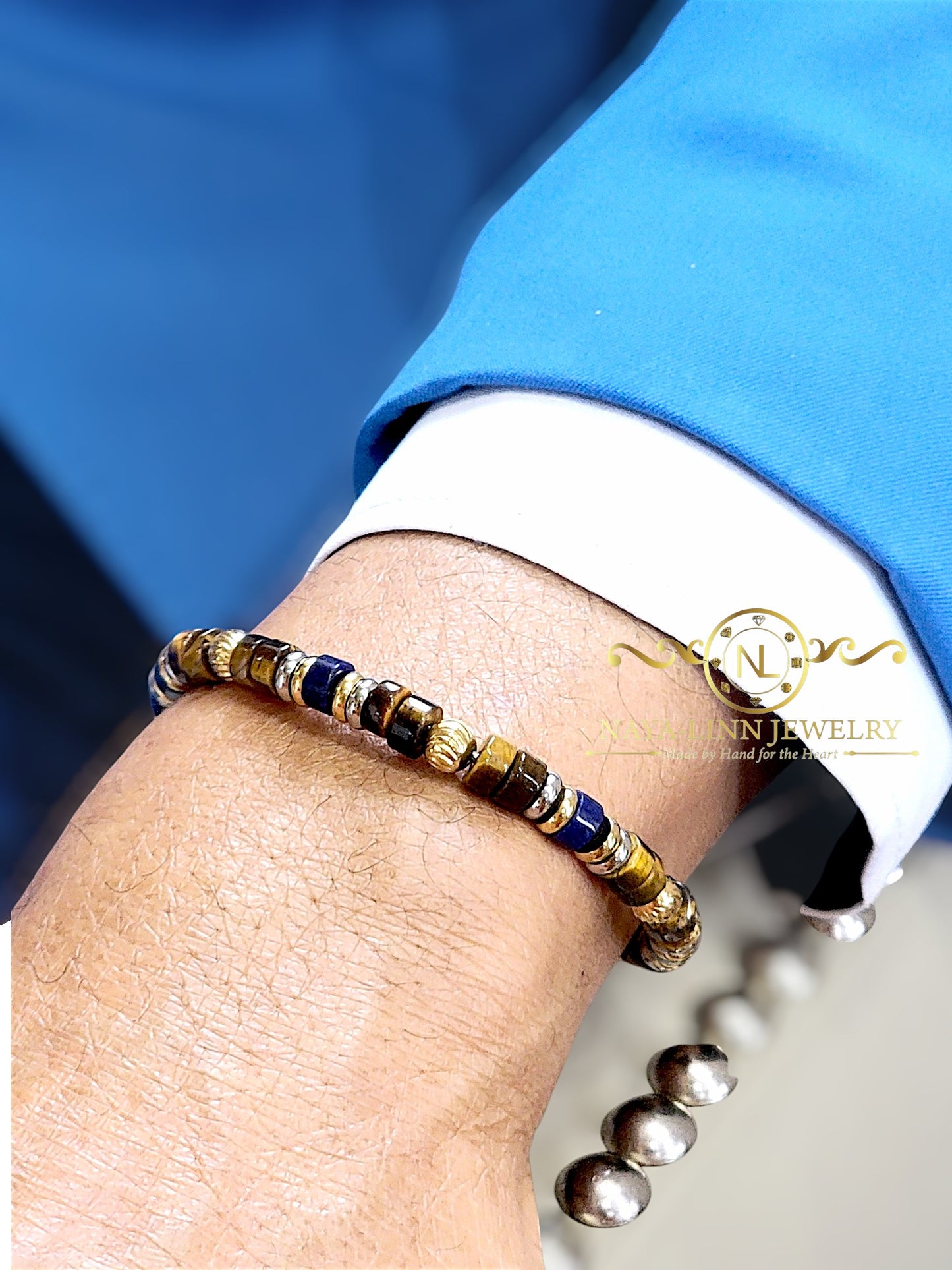 Cyrus Men’s Bracelet, 4x2MM Tiger’s Eye & Lapis Lazuli Natural Gemstones with Lobster Clasp