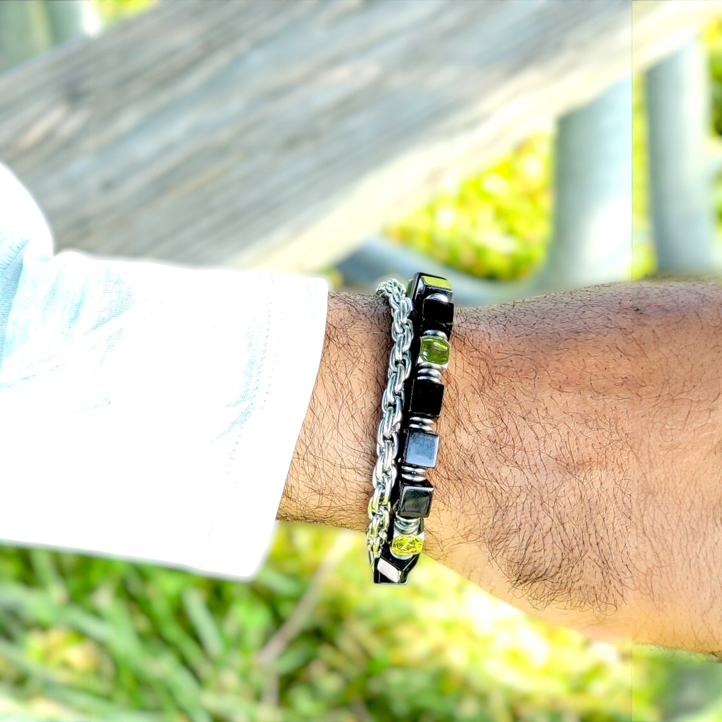 Emmy Men’s Double Decker Bracelet I 8mm Square Natural Gemstones | Link Chain