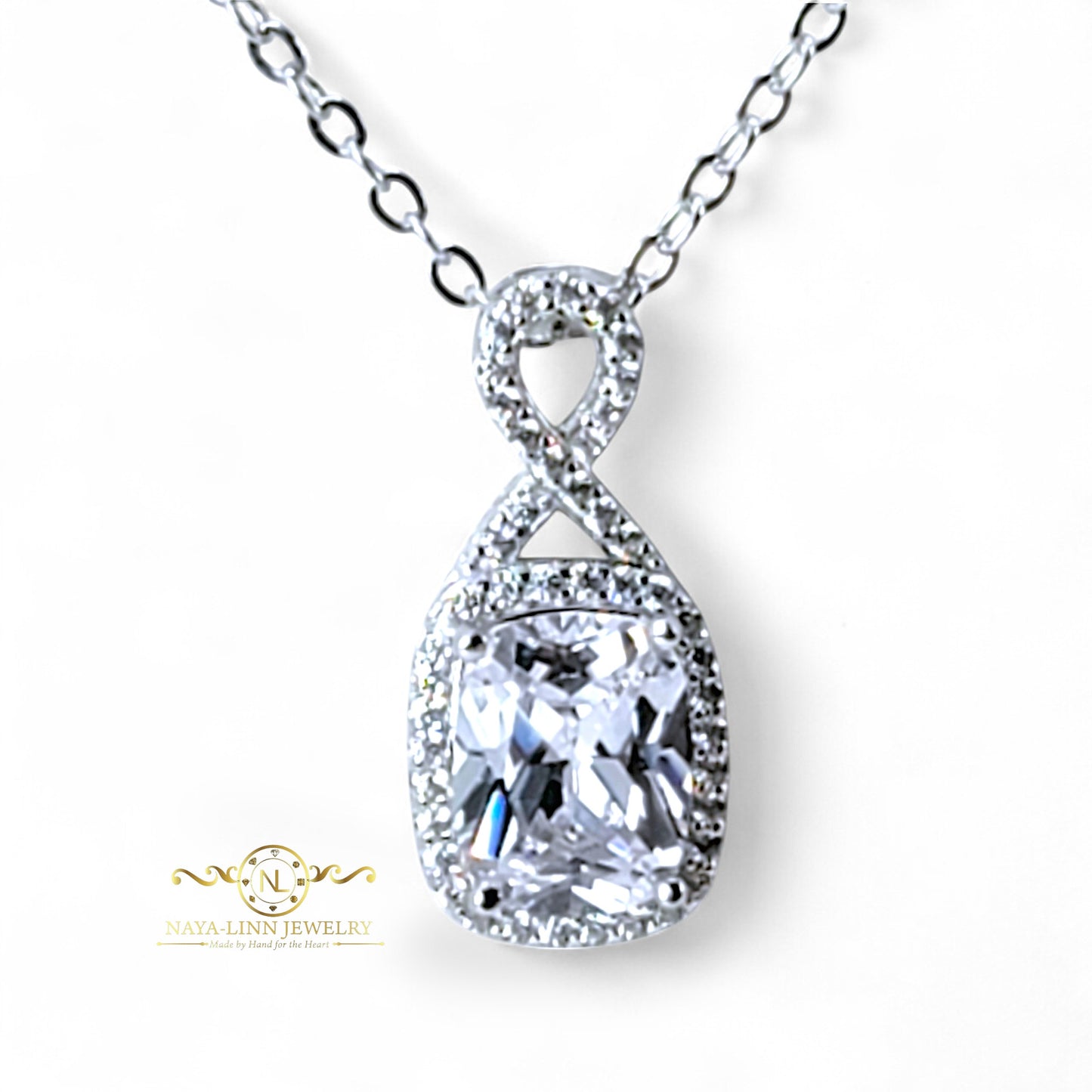 Georgia Infinity Necklace | Radiant Cut Diamond Simulant | Rhodium Over 925 Sterling Silver By Naya-Linn Jewelry