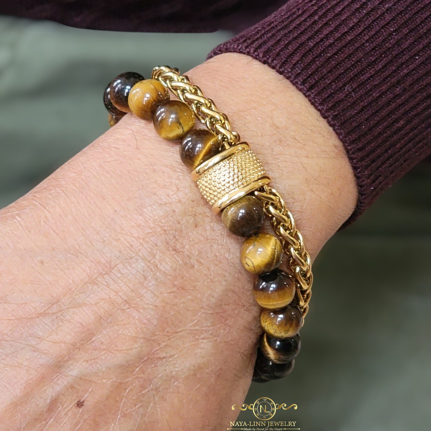 Lee Men’s Double Decker Bracelet with 10mm Tiger's Eye Beads & 18K Gold-Plated Link Chain