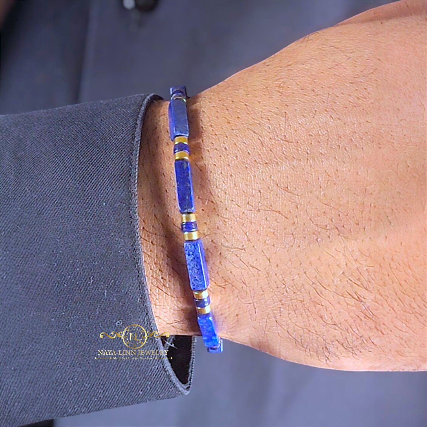 Xanthus Minimalist Men’s Bracelet with Lapis Lazuli Rectangular Beads and Adjustable Rope