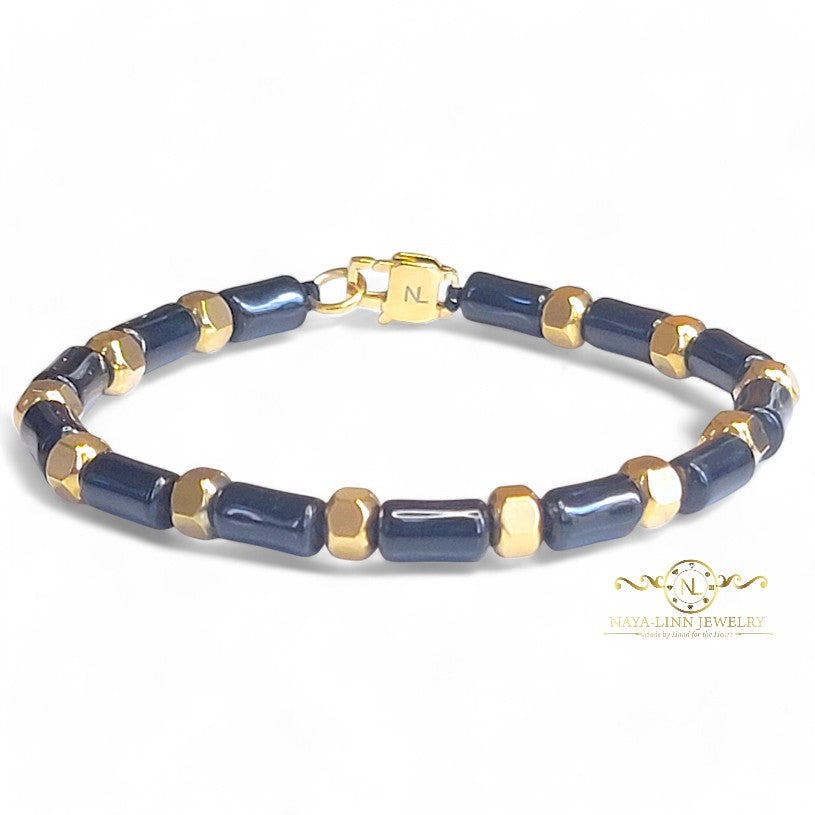 Hector 6x10MM Blue Sandstone Men's Bracelet, 18K Gold Plating with Lobster Clasp