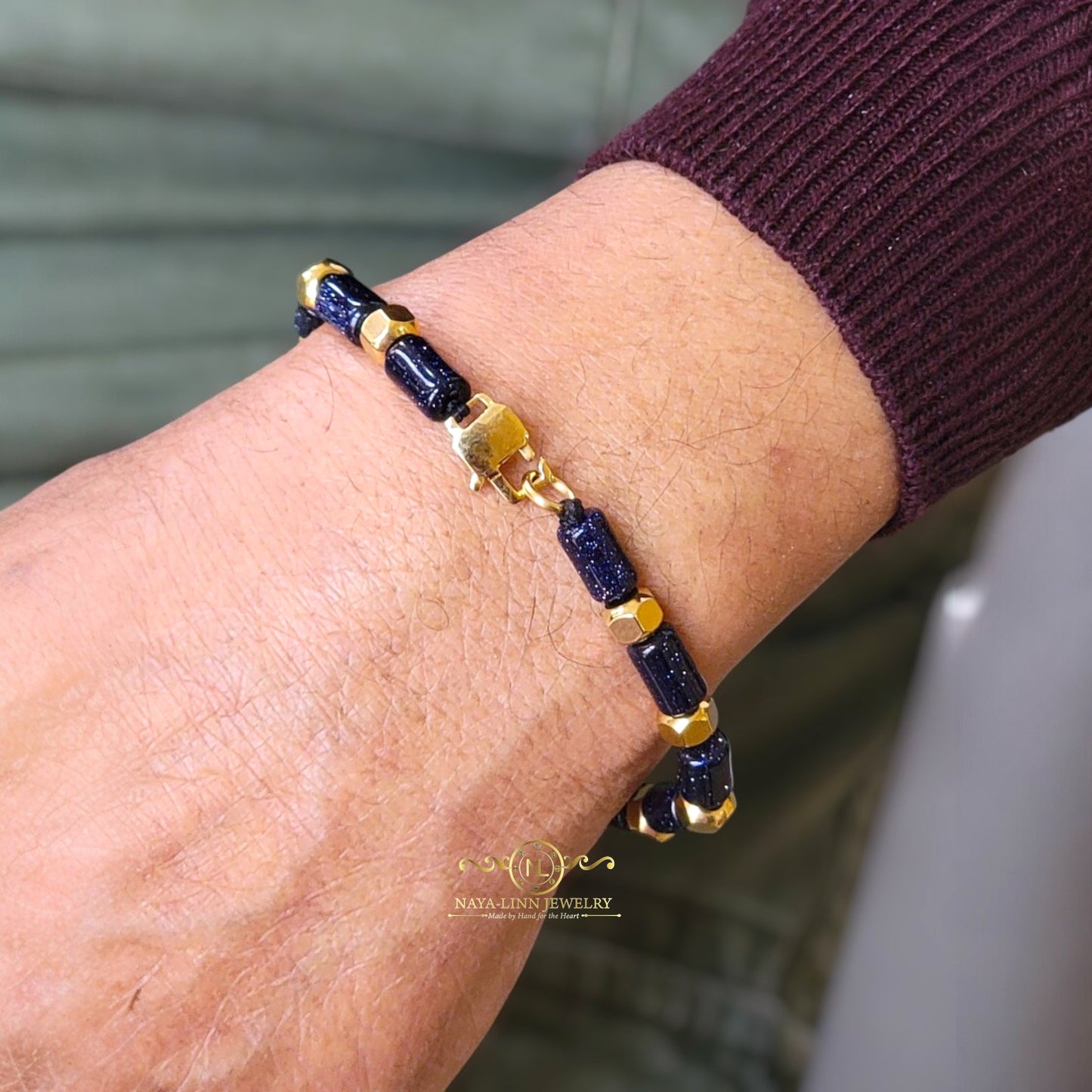 Hector 6x10MM Blue Sandstone Men's Bracelet, 18K Gold Plating with Lobster Clasp