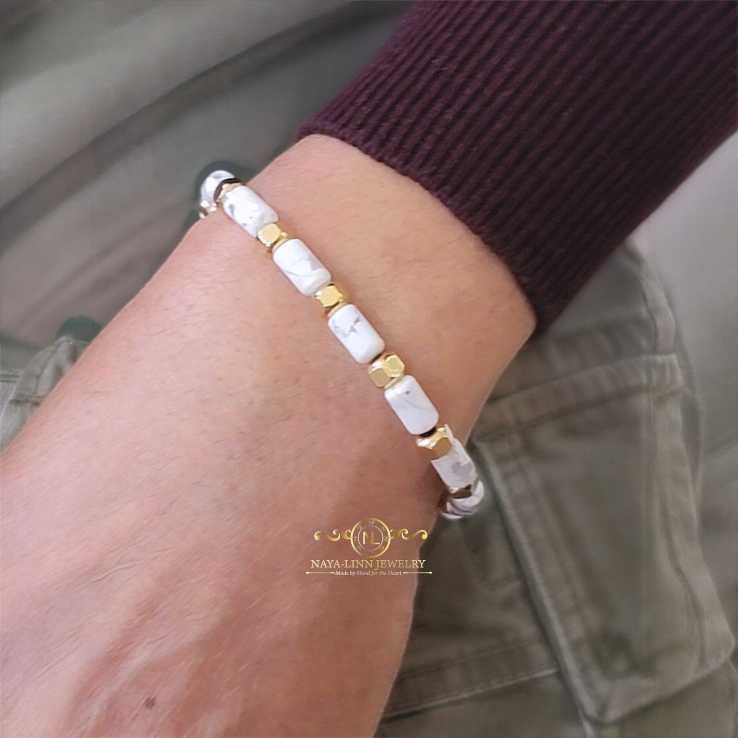 Hector 6x10MM White Howlite Men's Bracelet, 18K Gold Plating with Lobster Clasp