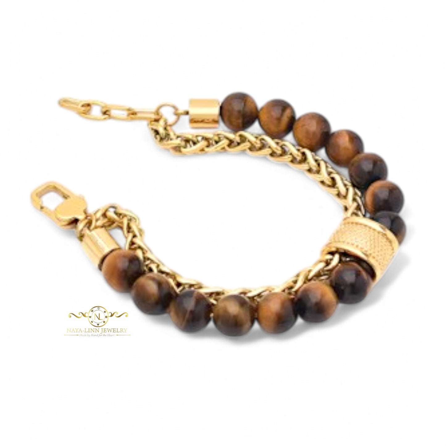 Lee Men’s Double Decker Bracelet with 10mm Tiger's Eye Beads & 18K Gold-Plated Link Chain