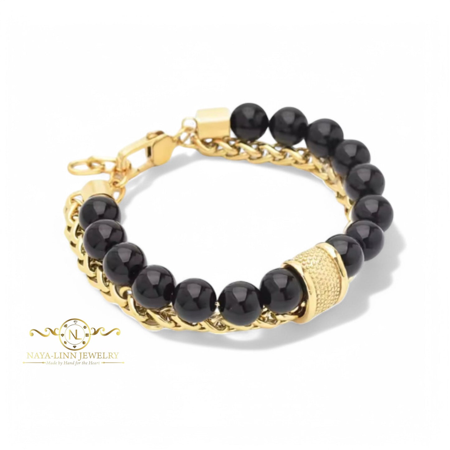 Lee Men’s Double Decker Bracelet with 10mm Black Agate Beads & Link Chain