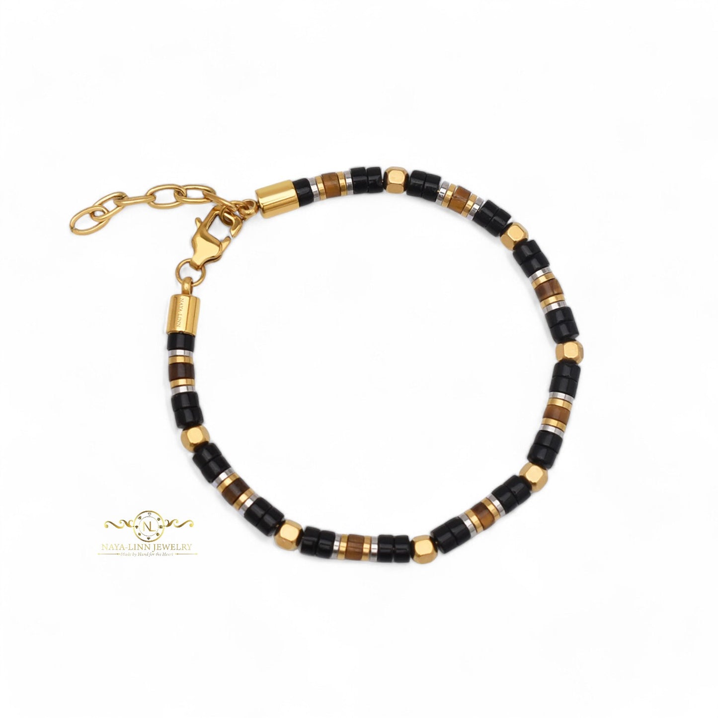 Leonidas Tiger's Eye and Black Agate Minimalist Bracelet-3x2MM Natural Gemstones with Lobster Clasp