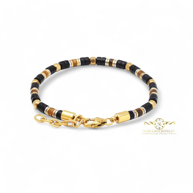 Leonidas Tiger's Eye and Black Agate Minimalist Bracelet-3x2MM Natural Gemstones with Lobster Clasp