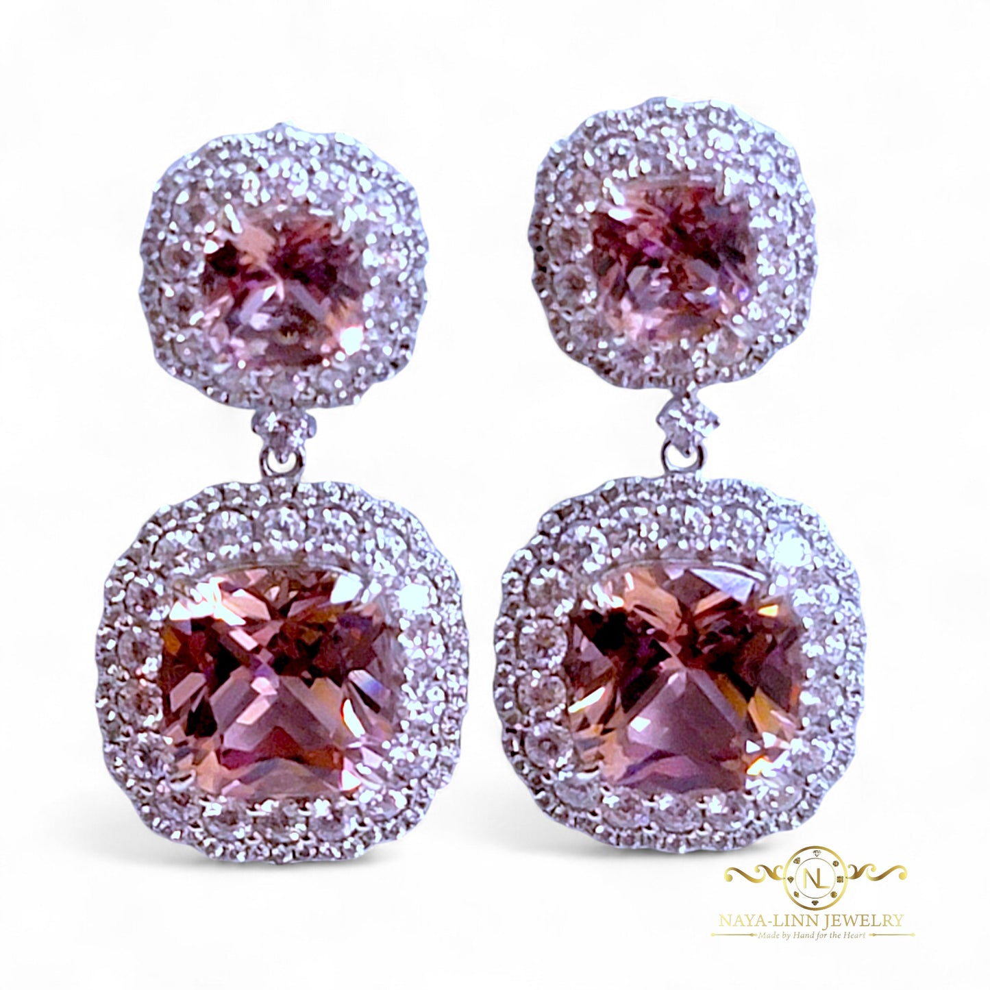 Maggie Drop Earrings | 925 Sterling Silver Dangle Earrings | Cushion Cut Diamond Simulants