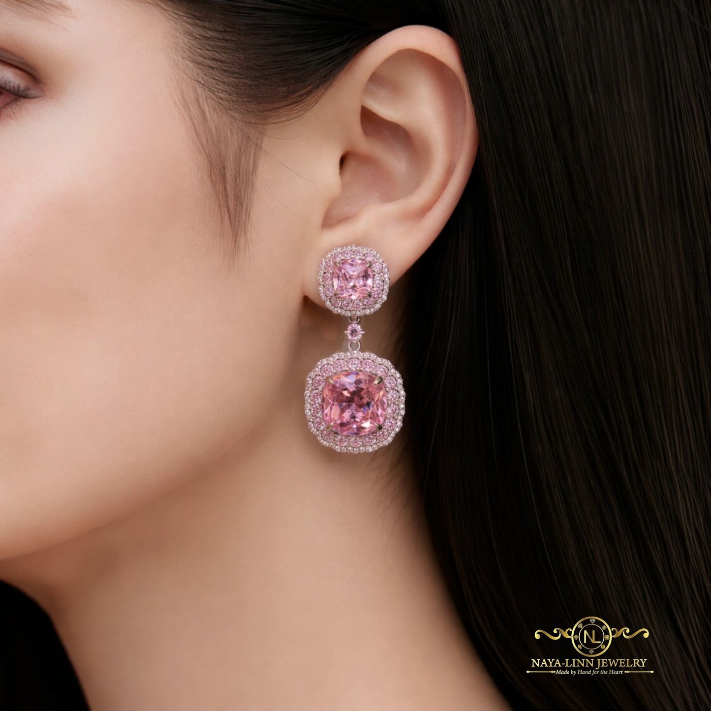 Maggie Drop Earrings | 925 Sterling Silver Dangle Earrings | Cushion Cut Diamond Simulants