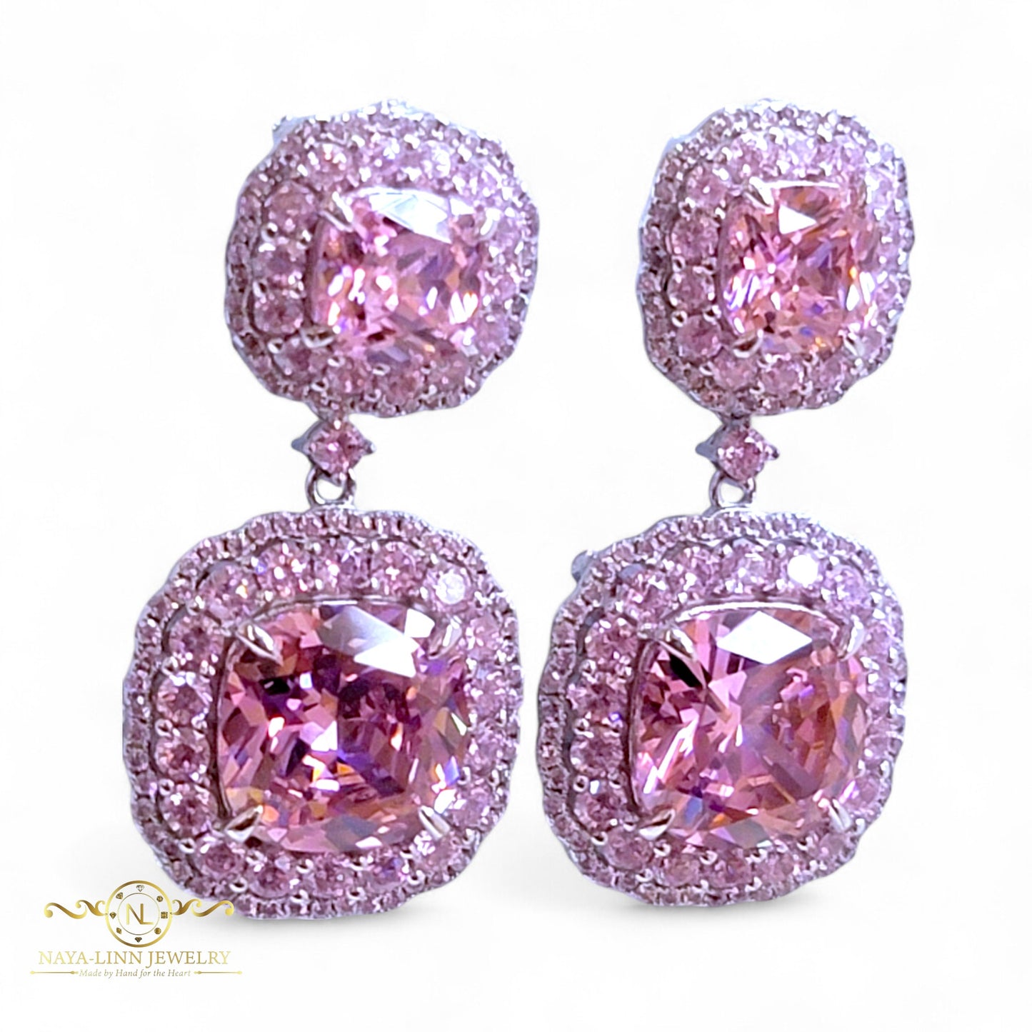 Maggie Drop Earrings | 925 Sterling Silver Dangle Earrings | Cushion Cut Diamond Simulants