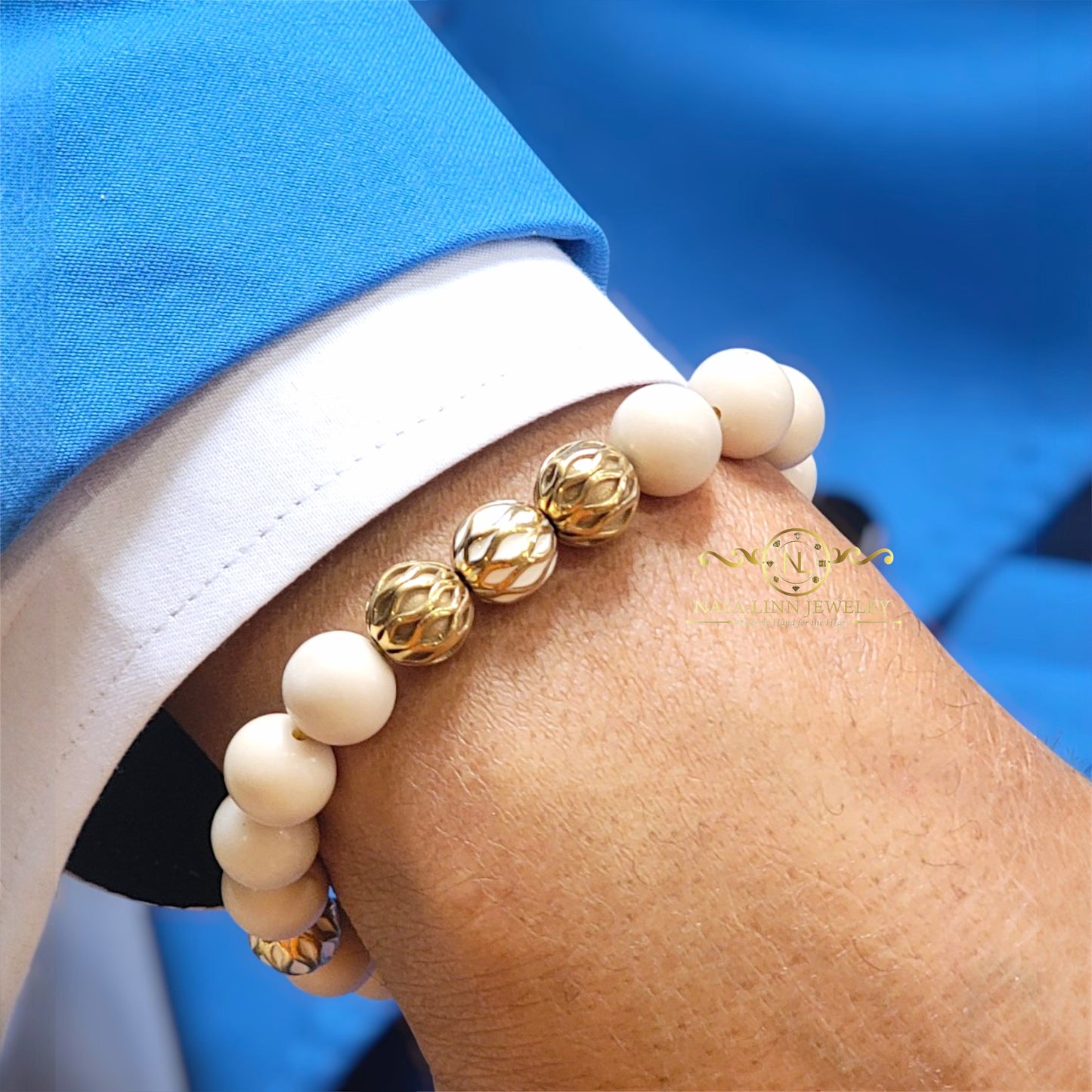 Zeno Men’s Gold Plated Bracelet, 10mm White Fossil Gemstones with Lobster Clasp