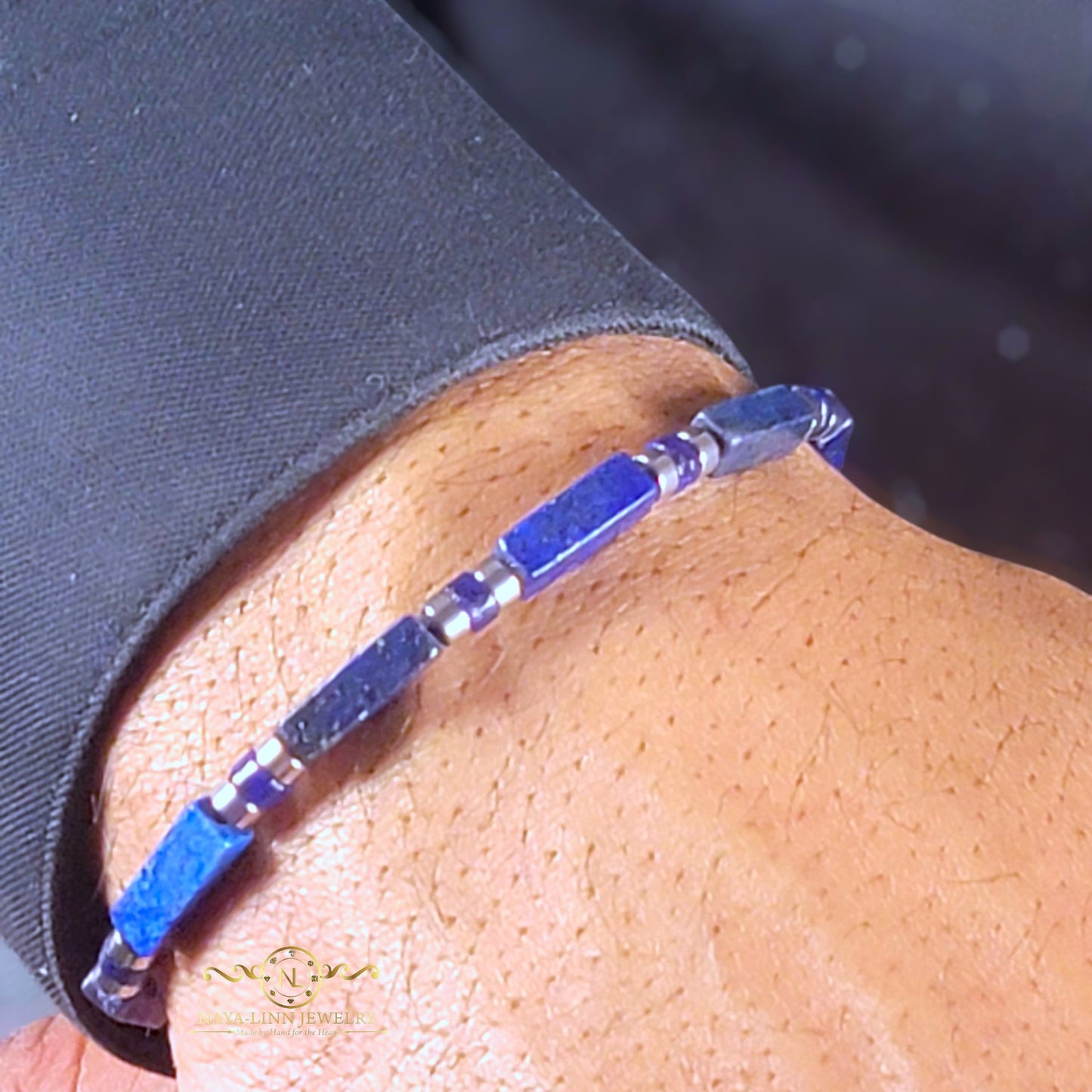 Xanthus Minimalist Men’s Bracelet with Lapis Lazuli Rectangular Beads and Adjustable Rope