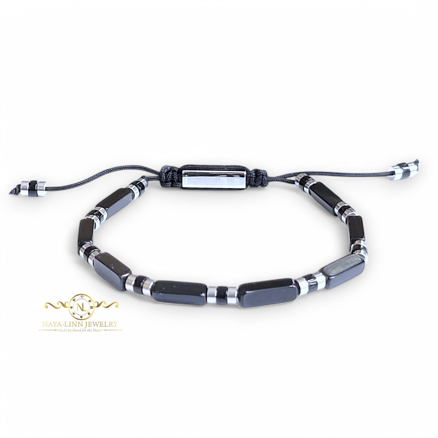Xanthus Minimalist Men’s Bracelet with Black Agate Rectangular Beads and Adjustable Rope