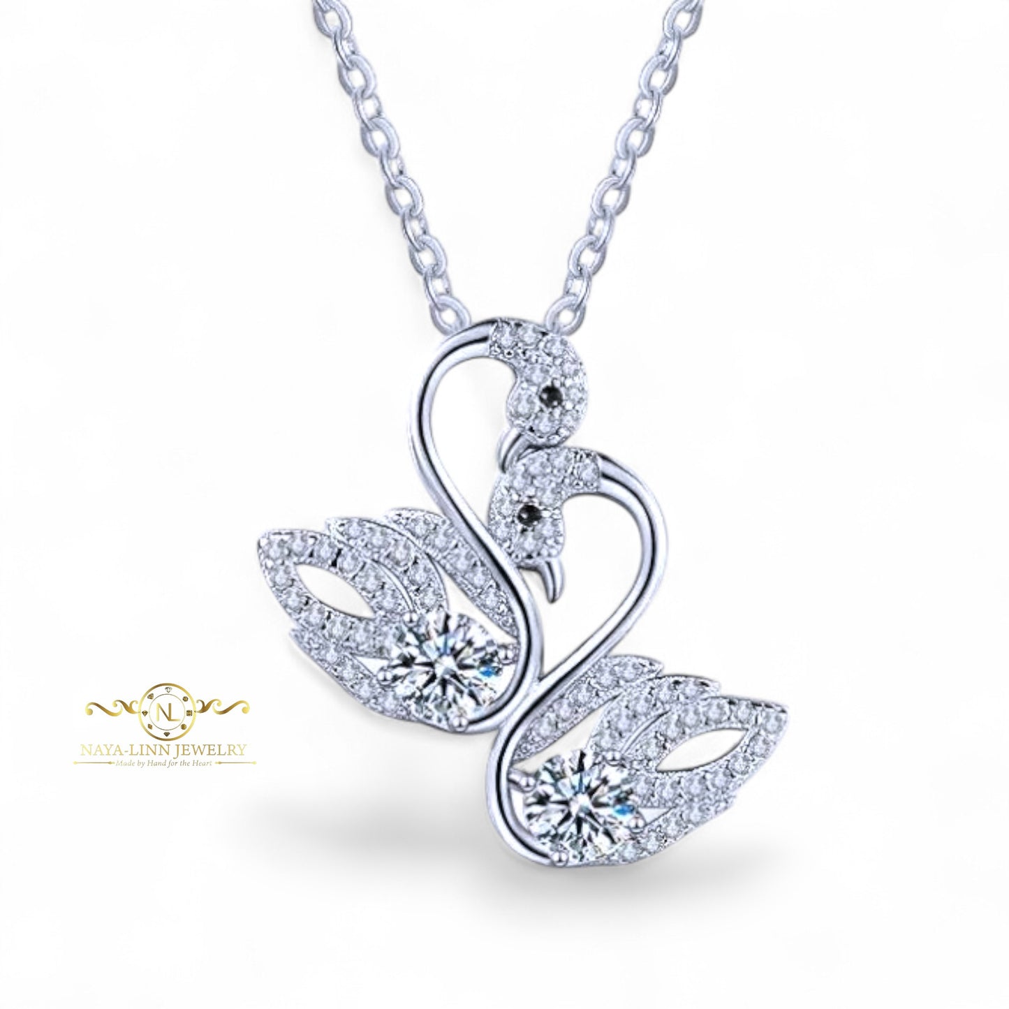 Piper Double Swan Moissanite Necklace | 14K White Gold Over 925 Sterling Silver | Swan necklace | Elegant Necklace | Unique Gift For Her