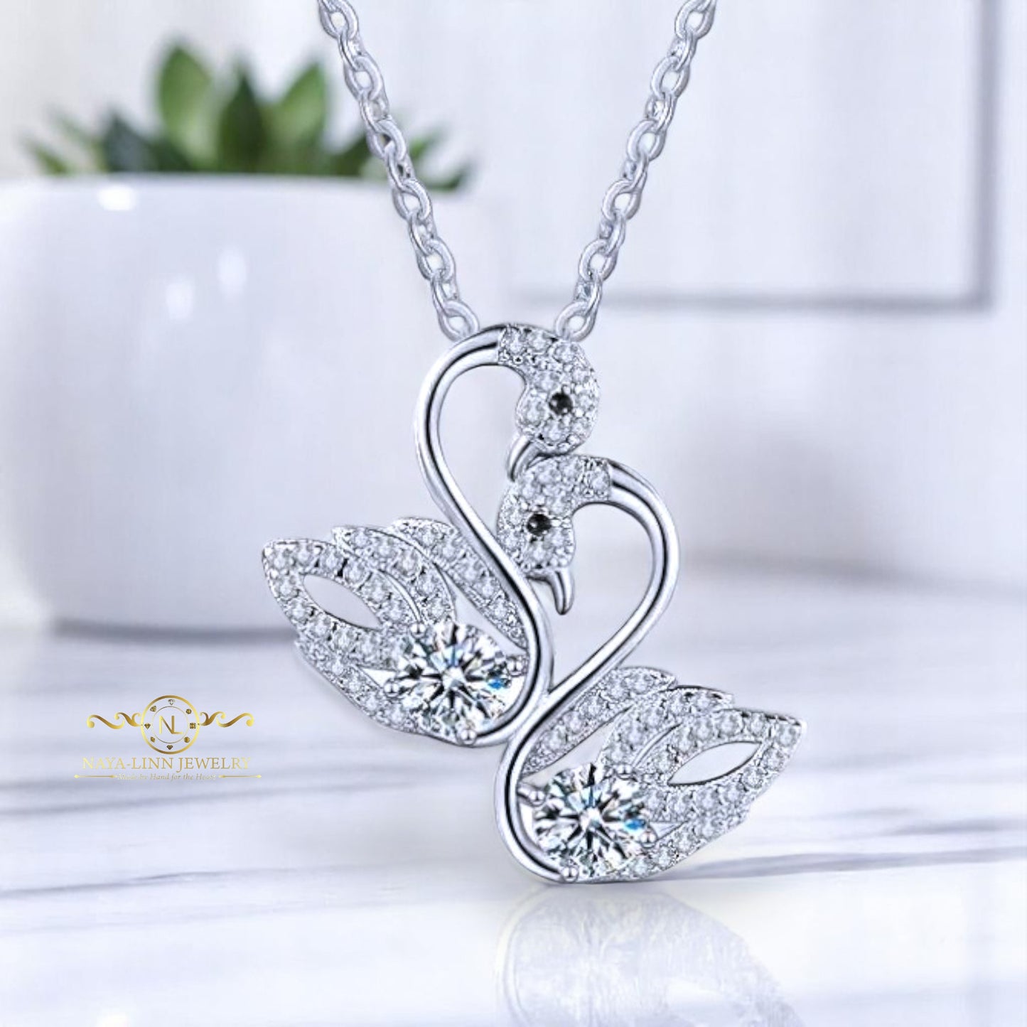 Piper Double Swan Moissanite Necklace | 14K White Gold Plated Over 925 Sterling Silver | Swan necklace | Elegant Necklace | Unique Gift For Her