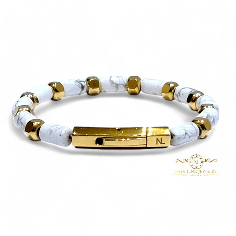 Theseus Men’s Bracelet – Blue Howlite Gemstones/18k Gold-Plated with Curved Bayonet Clasp