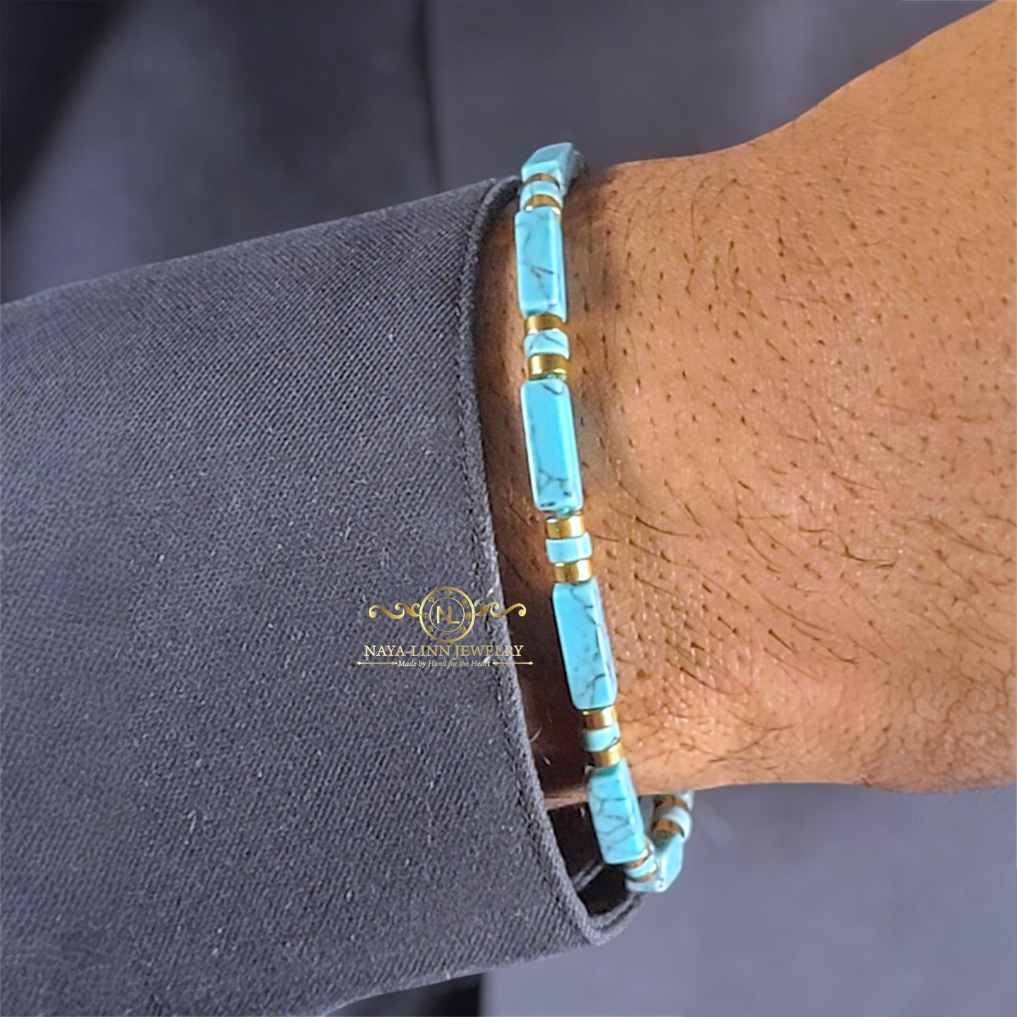 Xanthus Minimalist Men's Bracelet, Blue Howlite Rectangular Beads with Adjustable Rope