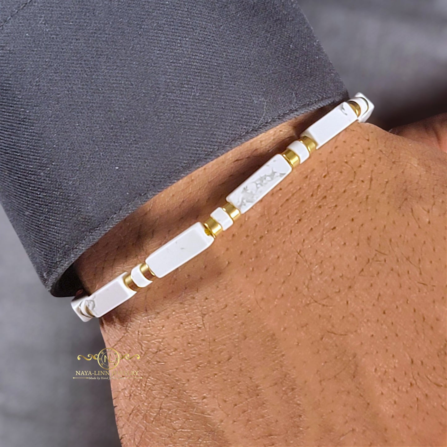 Xanthus Minimalist Men's Bracelet, White Howlite Rectangular Beads with Adjustable Rope