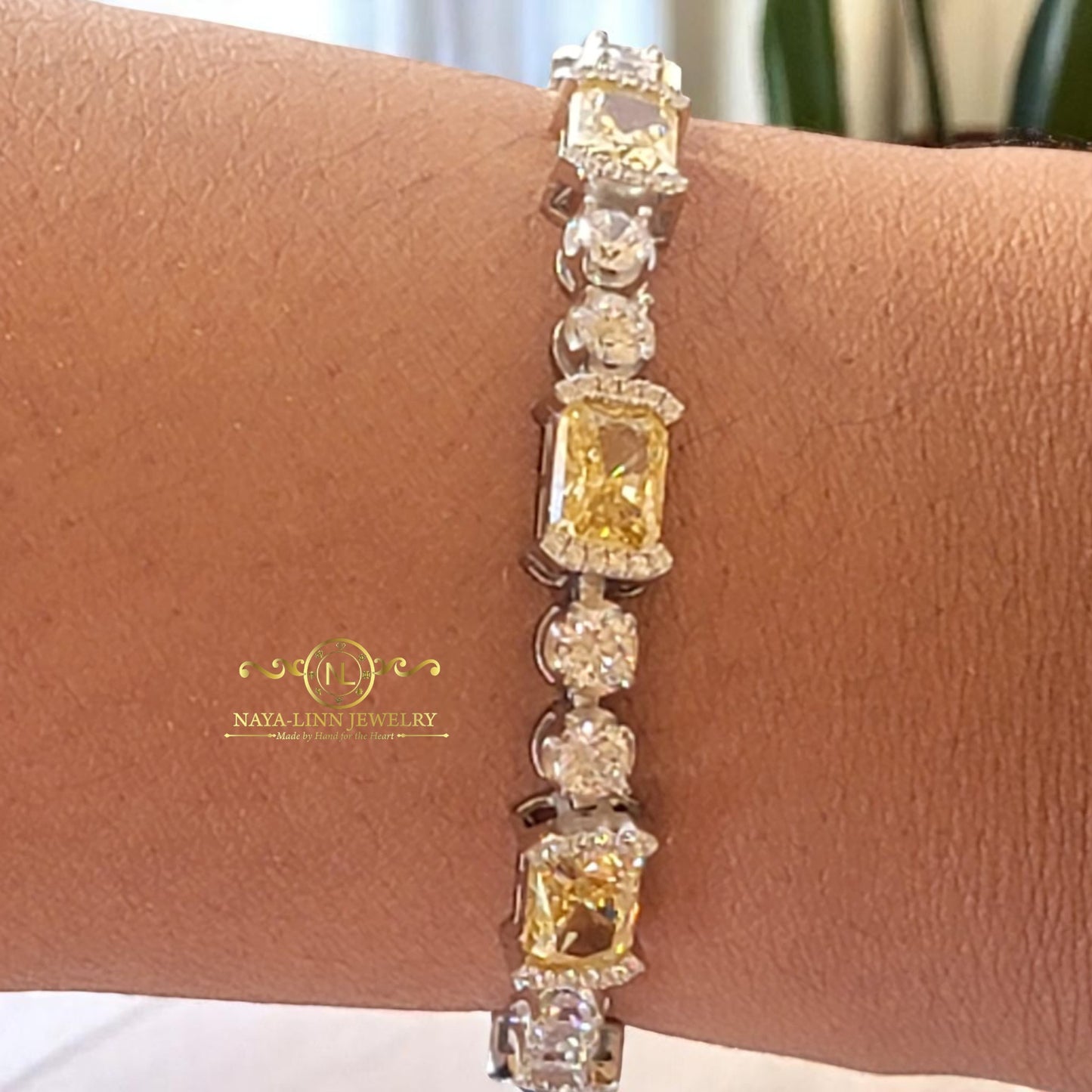 Elaine Bracelet |Yellow Lab Topaz, Pink Lab Sappire | 18K White Gold Plated Over Sterling Silver | 8x6/4MM Cuts | Gift For Her | Birthday