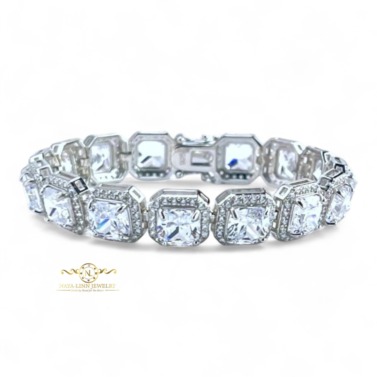 Halle Bracelet | Cushion Cut Diamond Simulants CZ | Statement Bangle | Rhodium Over 925 Sterling Silver By Naya-Linn Jewelry
