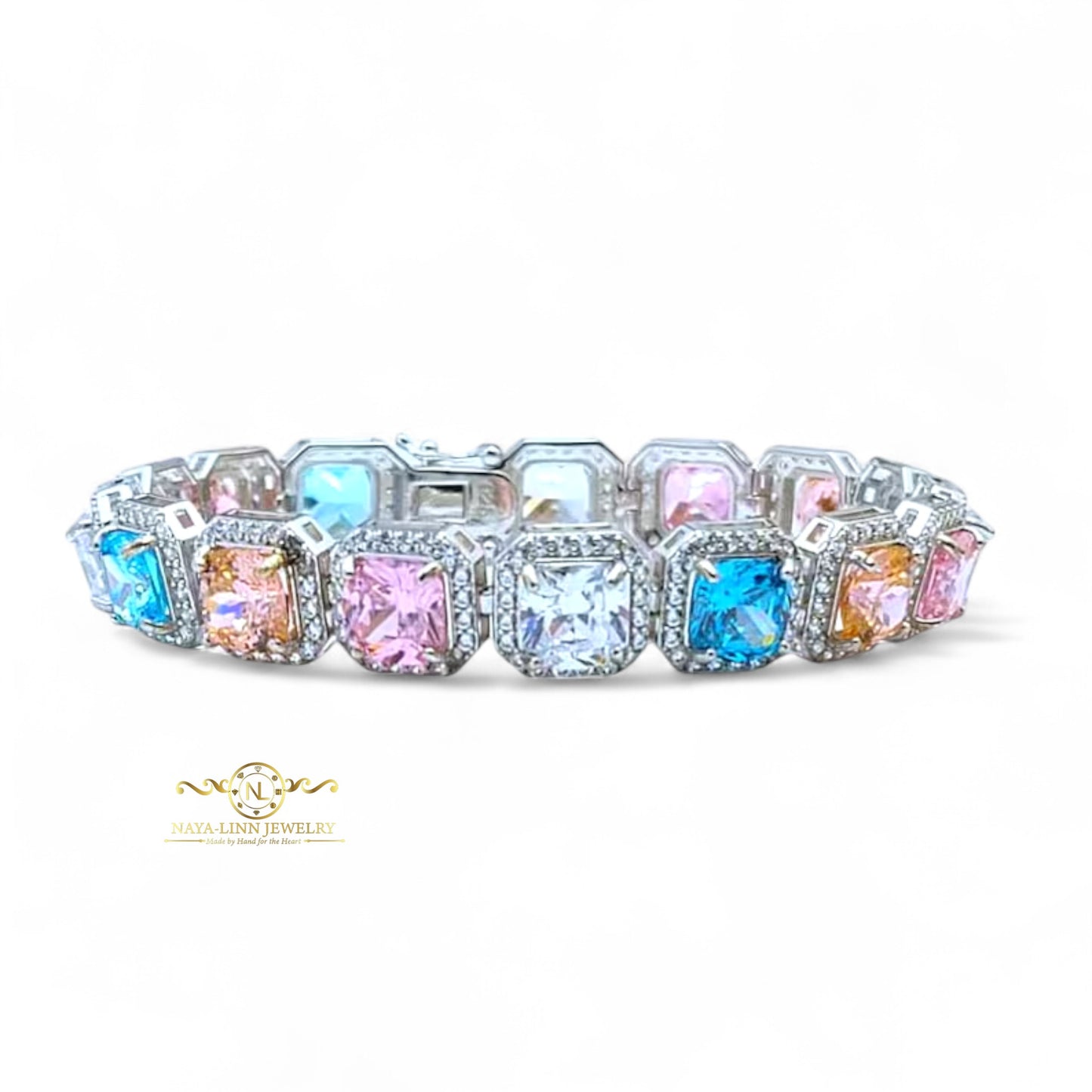 Halle Bracelet | Cushion Cut Diamond Simulants CZ | Statement Bangle | Rhodium Over 925 Sterling Silver By Naya-Linn Jewelry