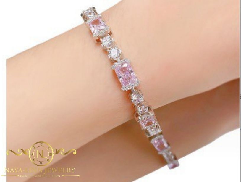 Elaine Bracelet |Yellow Lab Topaz, Pink Lab Sappire | 18K White Gold Plated Over Sterling Silver | 8x6/4MM Cuts | Gift For Her | Birthday