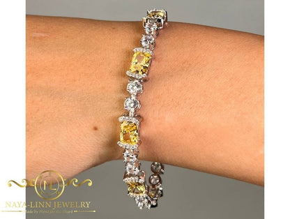 Elaine Bracelet |Yellow Lab Topaz, Pink Lab Sappire | 18K White Gold Plated Over Sterling Silver | 8x6/4MM Cuts | Gift For Her | Birthday