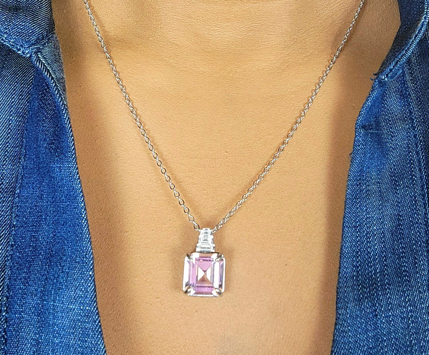 Noelle Necklace | Rhodium Over 925 Sterling Silver | Morganite Color Necklace | Cubic Zirconia | 18 Inch Necklace