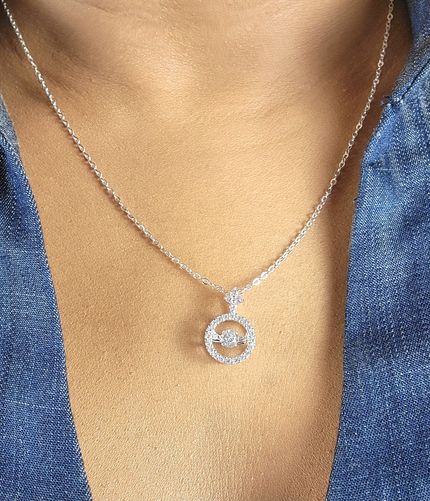 Hadley Dancing Necklace | Center Round Diamond Simulant | 925 Sterling Silver By Naya-Linn Jewelry