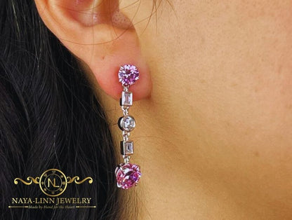 Louisa Earrings | 925 Sterling Silver | Rhodium Plated | Pink Cubic Zirconia | Dangle Earrings | Gemstone Earrings