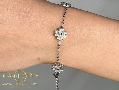 Alice Bracelet | Four Leaf Clover Bangle | Moissanite Diamond Chain Bracelet | 14K White Gold Plating | 925 Sterling Silver | Wedding Gift