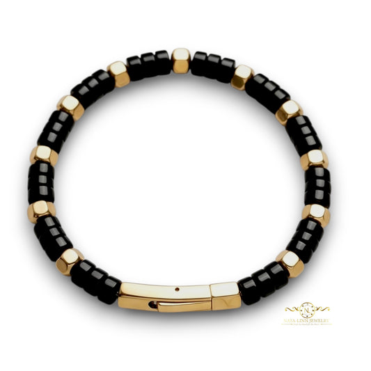 Achilles Men’s Black Agate/Gold Plated Bracelet with Curved Bayonet Clasp