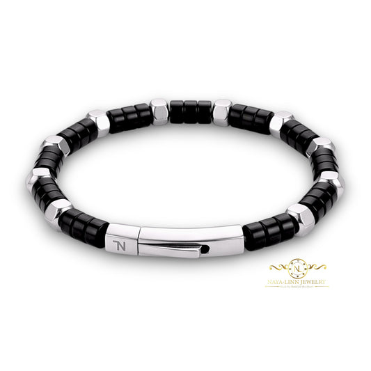 Achilles Men’s Black Agate /Silver Plated Bracelet with Curved Bayonet Clasp