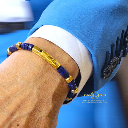 Achilles Men’s Lapis Lazuli/Gold Plated Bracelet with Curved Bayonet Clasp