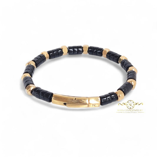 Achilles Men’s Black Agate/Gold Plated Bracelet with Curved Bayonet Clasp