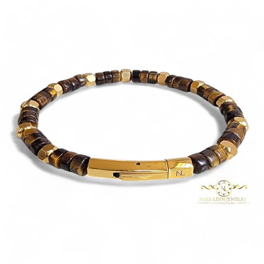 Achilles Men’s Tiger's Eye Bracelet - 18K Gold Plating with Curved Bayonet Clasp