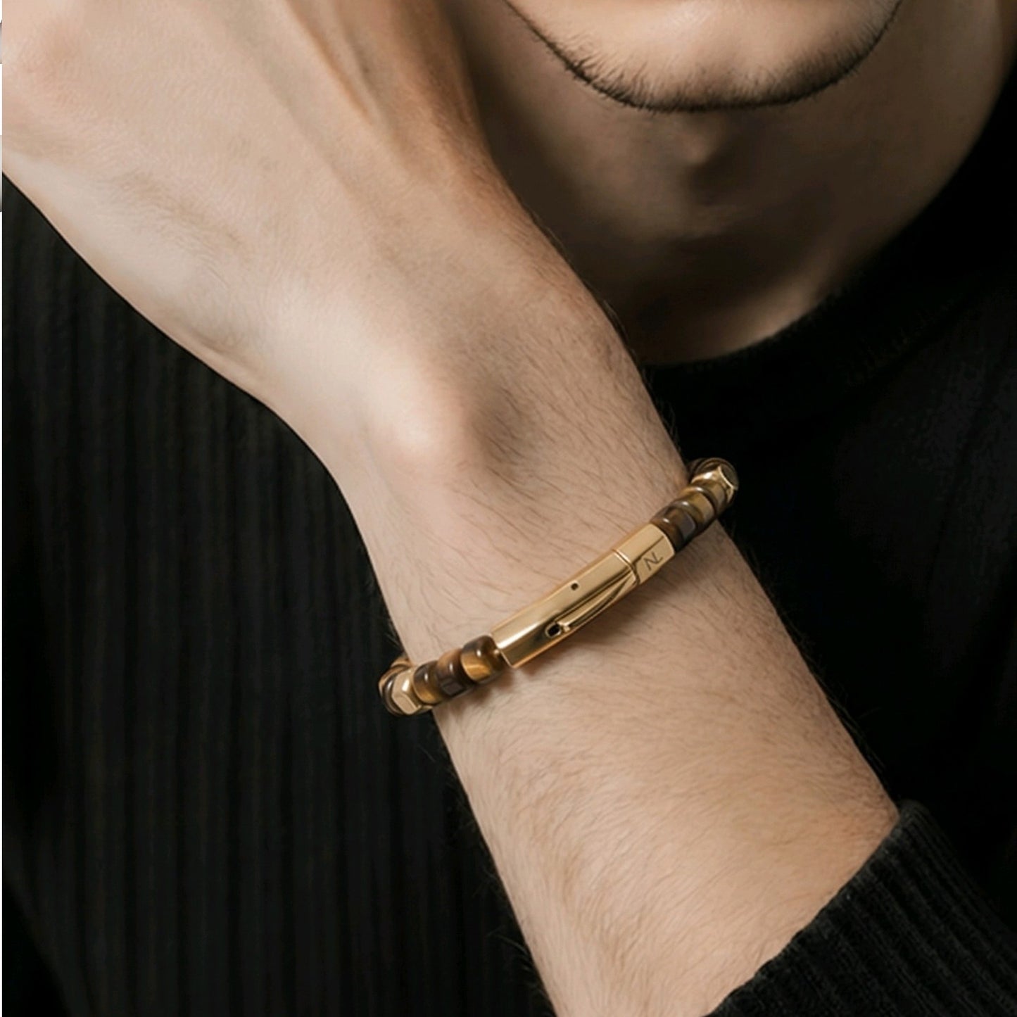 Achilles Men’s Lapis Lazuli/Gold Plated Bracelet with Curved Bayonet Clasp