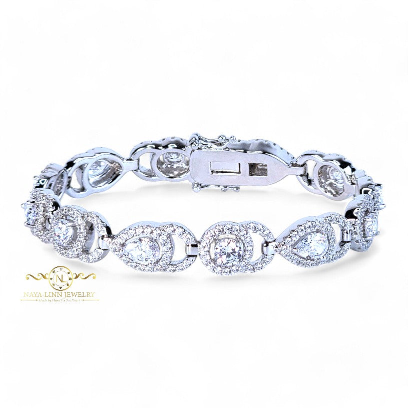 Aja Bracelet | Rhodium Over 925 Sterling Silver | Cubic Zirconia | Pear Cut 5x7MM | Round Cut 5MM Round