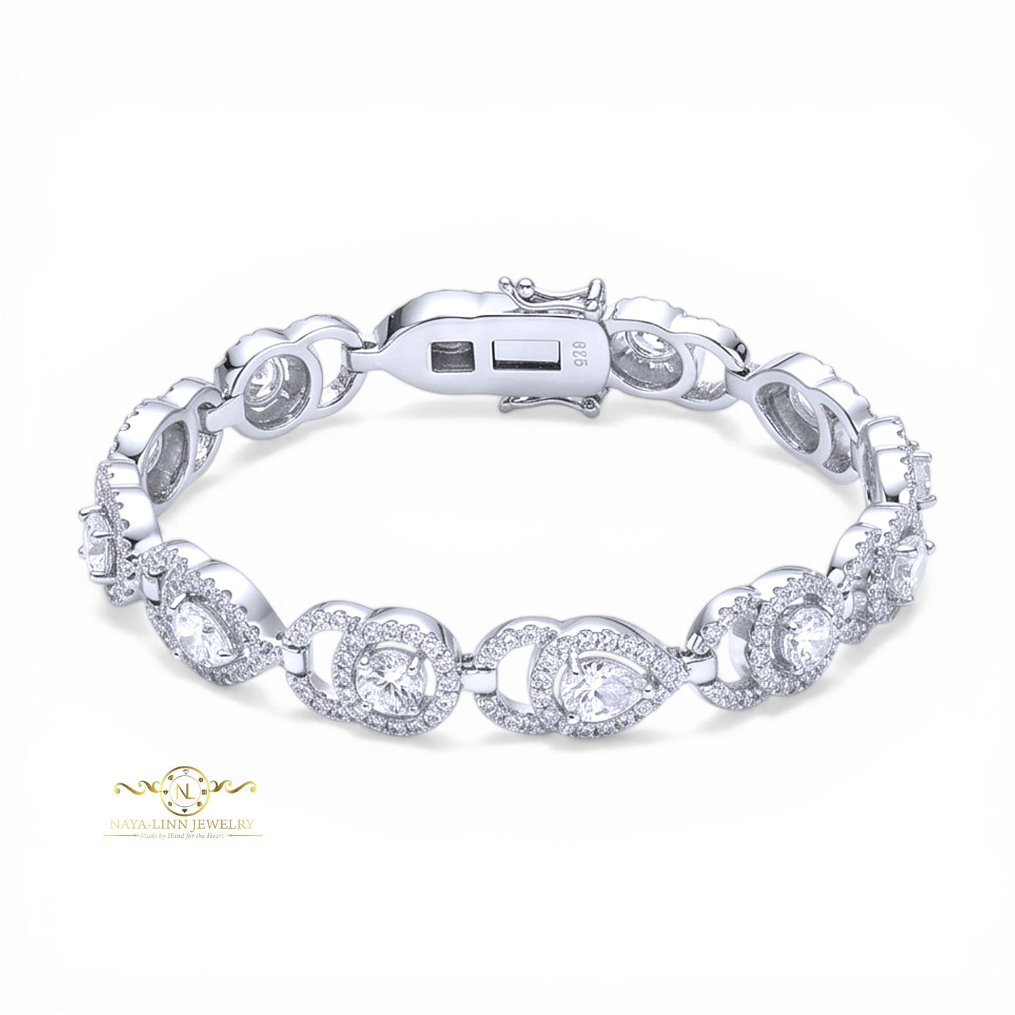 Aja Bracelet | Rhodium Over 925 Sterling Silver | Cubic Zirconia | Pear Cut 5x7MM | Round Cut 5MM Round