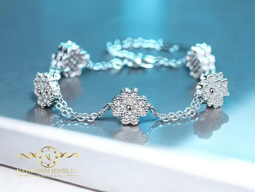 Alice Bracelet | Four Leaf Clover Bangle | Moissanite Diamond Chain Bracelet | 14K White Gold Plating | 925 Sterling Silver | Wedding Gift