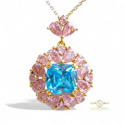 Allison Necklace | Mixed Cuts | Cushion Center Cut | Surrounding Pear-Shaped Diamond Simulants | 18K Gold Vermeil Over 925 Sterling Silver
