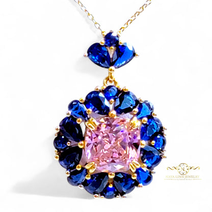 Allison Necklace | Mixed Cuts | Cushion Center Cut | Surrounding Pear-Shaped Diamond Simulants | 18K Gold Vermeil Over 925 Sterling Silver